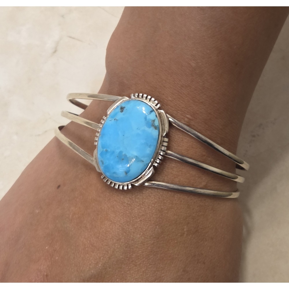 Large Turquoise Sterling Silver Triple Strand Cuff Bracelet Navajo Style‎ 7"